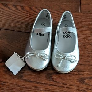 Zoe & Zac Toddler Sz 5.5 Silver Ballet Flat Shoe With Bow New